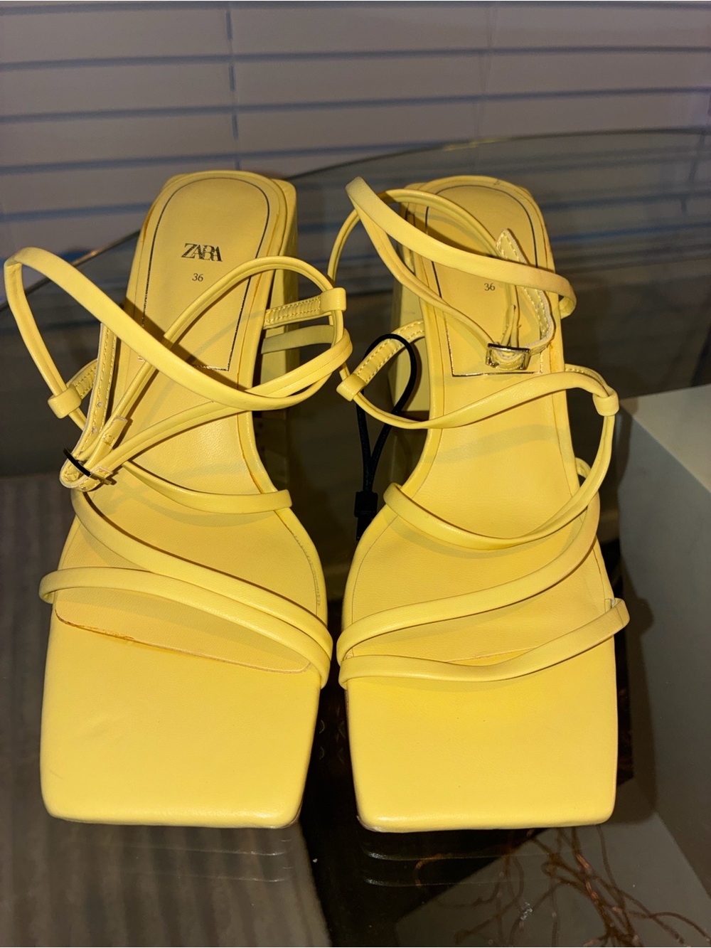 ZARA Lemon Yellow Strappy Square-Toe Heeled Sandals